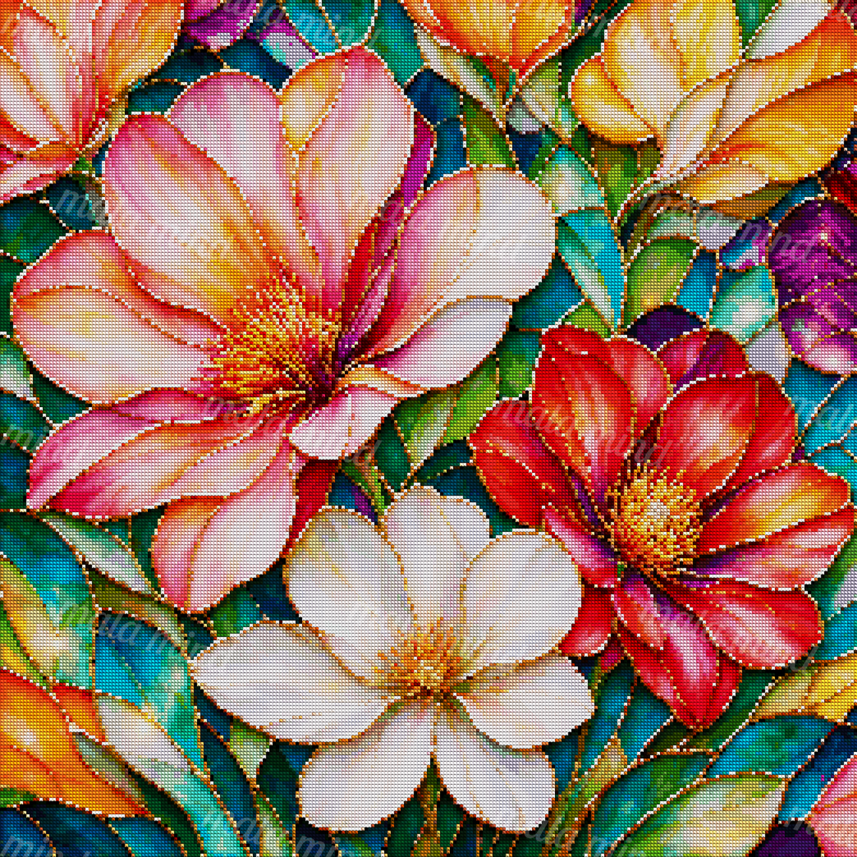 Colorful stained-glass floral artwork with pink, red, white, and orange blossoms among jewel-toned leaves — 04_diamond_render
