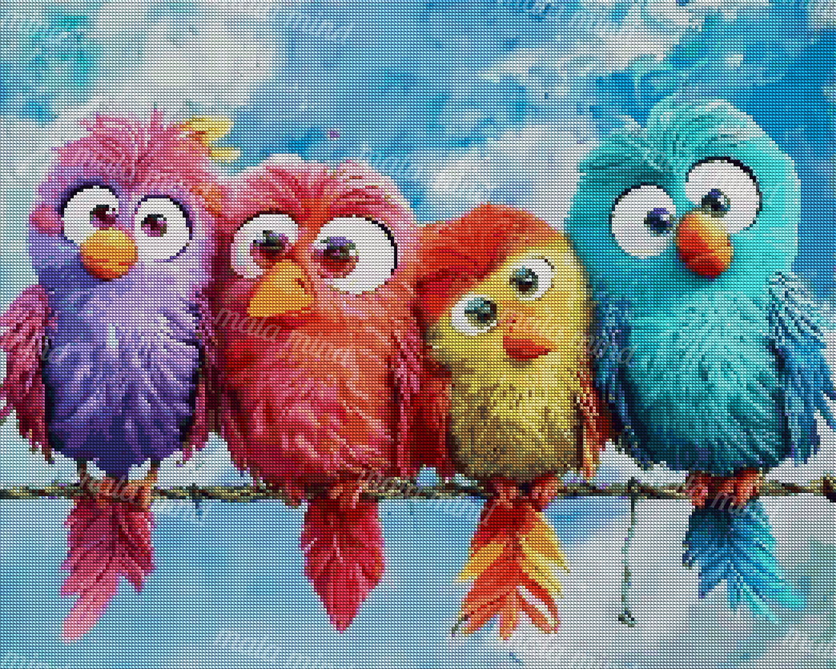 Four colorful cartoon birds with expressive eyes perched on a wire against a blue painted background — 04_diamond_render