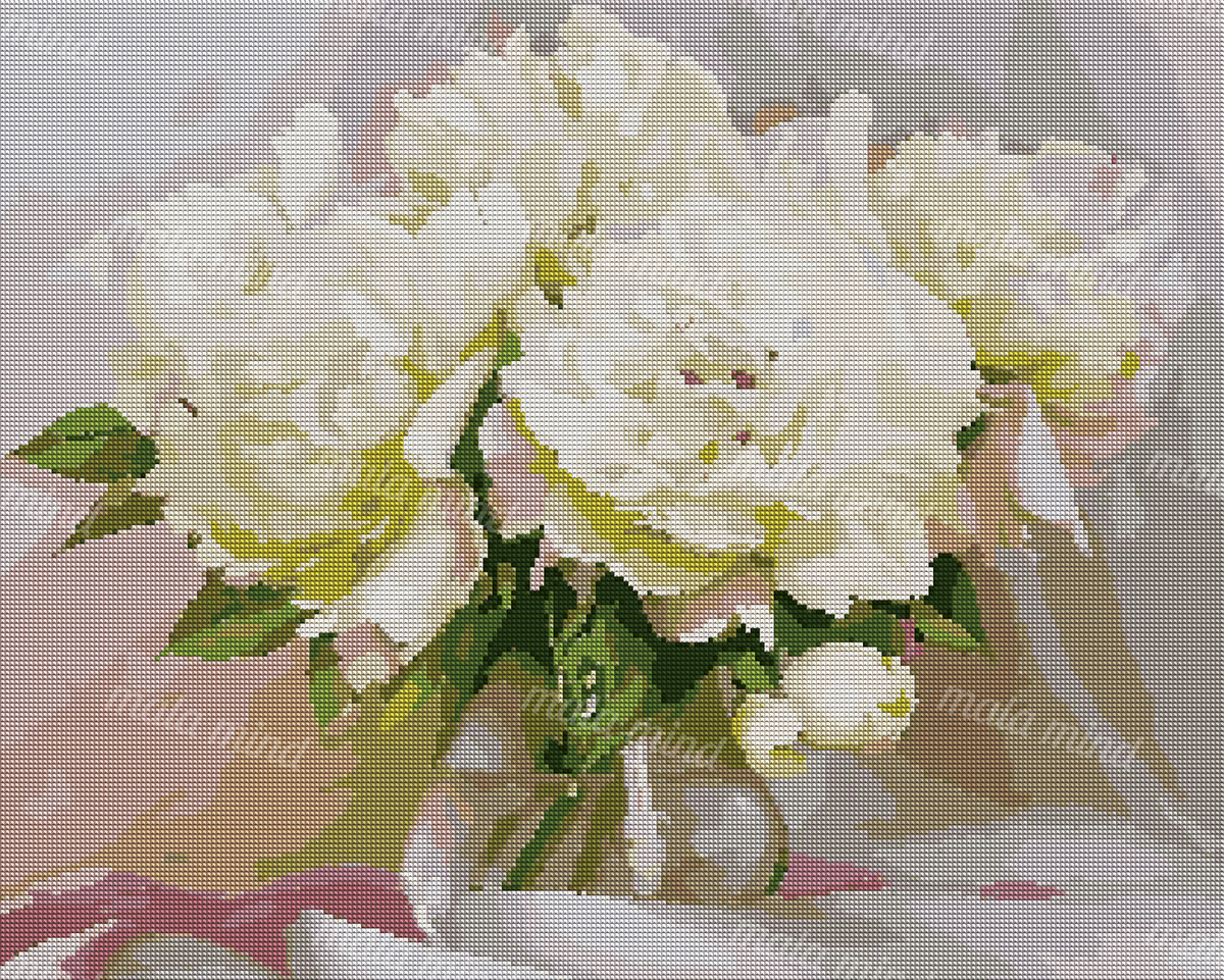 Cream flower bouquet with green foliage in a pale vase against a muted abstract background. — 04_diamond_render