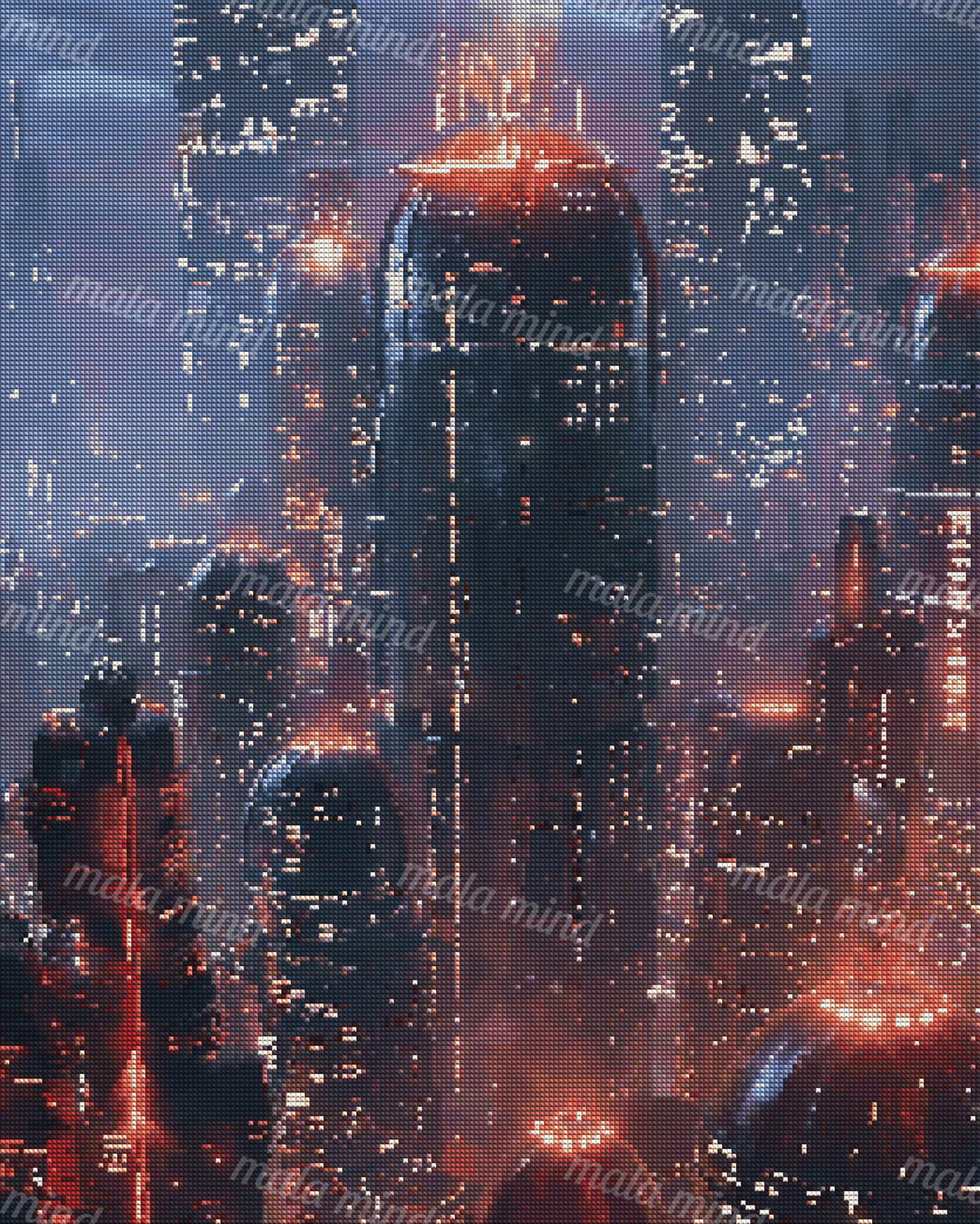 Futuristic neon city at night with domed skyscrapers glowing through blue-violet haze — 04_diamond_render