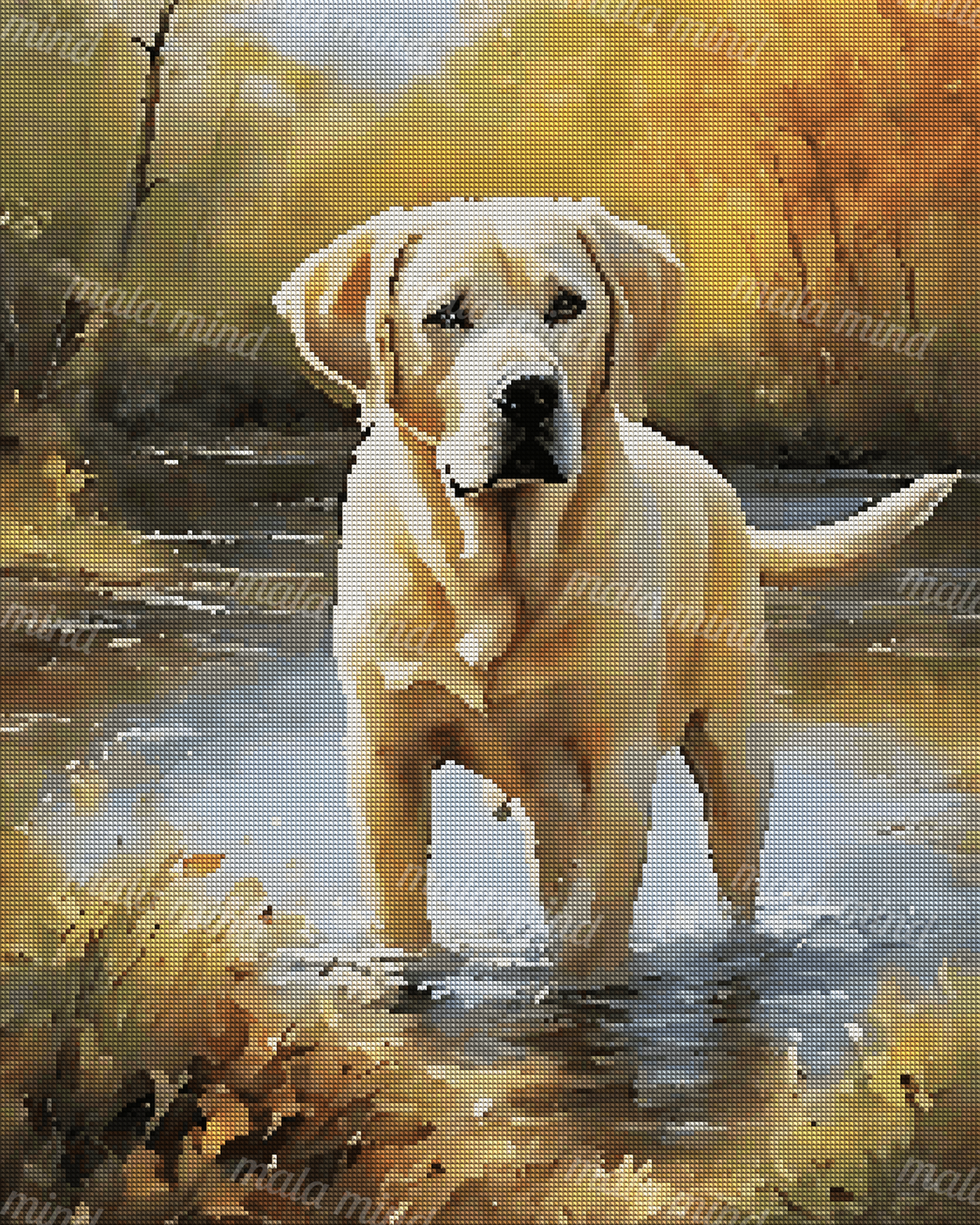 Light-colored Labrador retriever standing in shallow woodland water with trees and foliage — 04_diamond_render