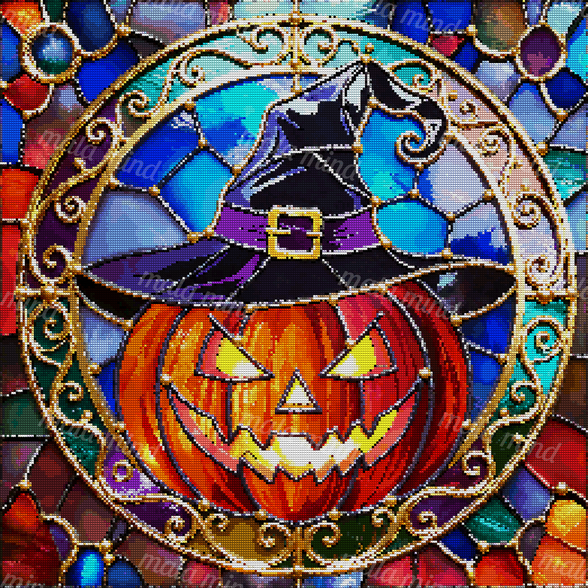 Stained-glass jack-o'-lantern in a witch hat within an ornate circular frame — 04_diamond_render