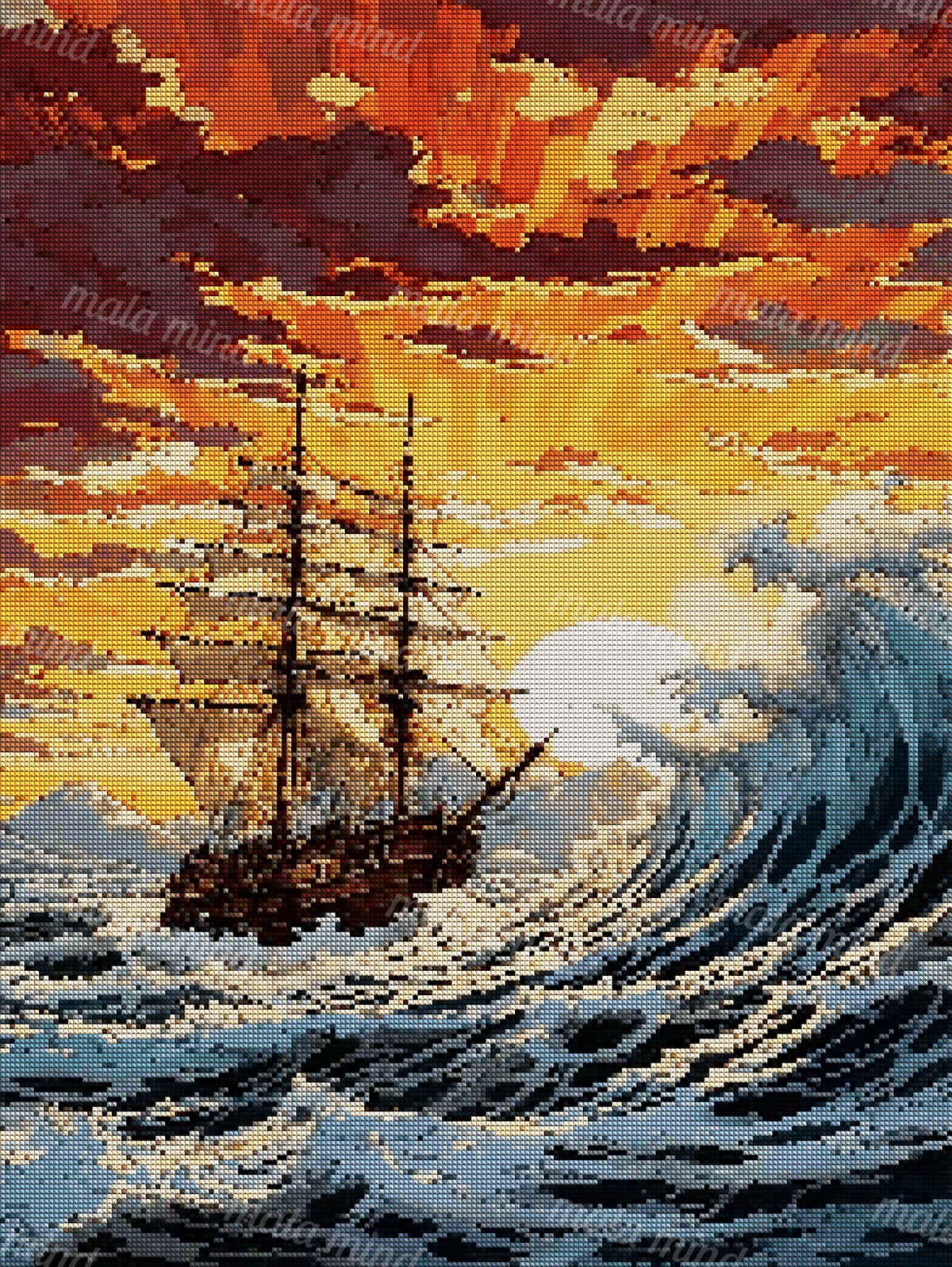 Three-masted sailing ship battling a towering ocean wave beneath an orange sunset — 04_diamond_render