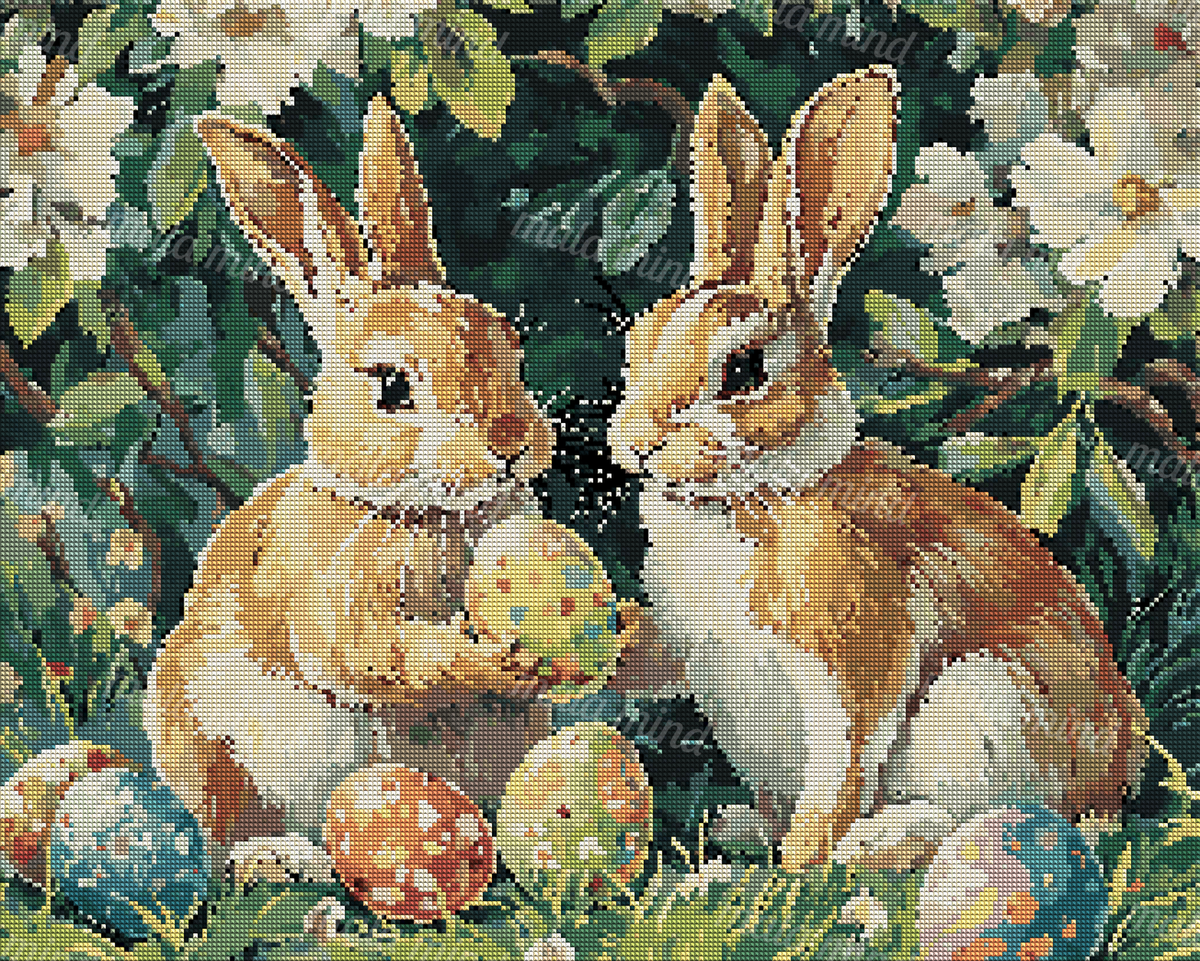 Two brown-and-white rabbits with colorful Easter eggs in a flower-filled garden — 04_diamond_render