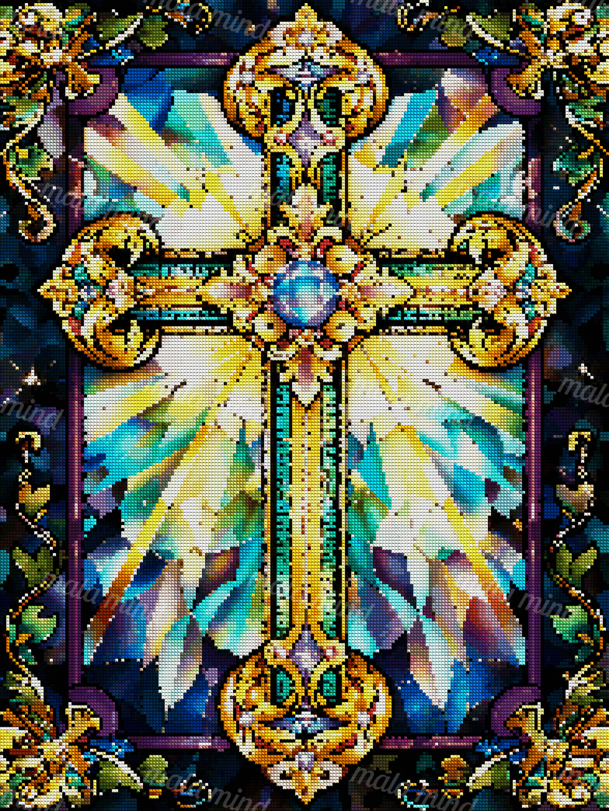Ornate stained-glass cross with a blue jewel, golden scrollwork, floral motifs, and colorful geometric panes. — 04_diamond_render