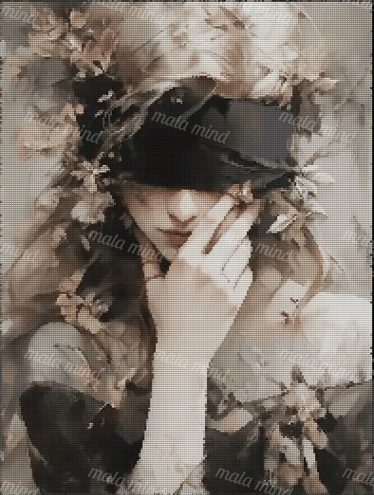 Masked woman with a raised hand, light hair, flowers, leaves, and feathers in a muted painterly portrait. — 04_diamond_render