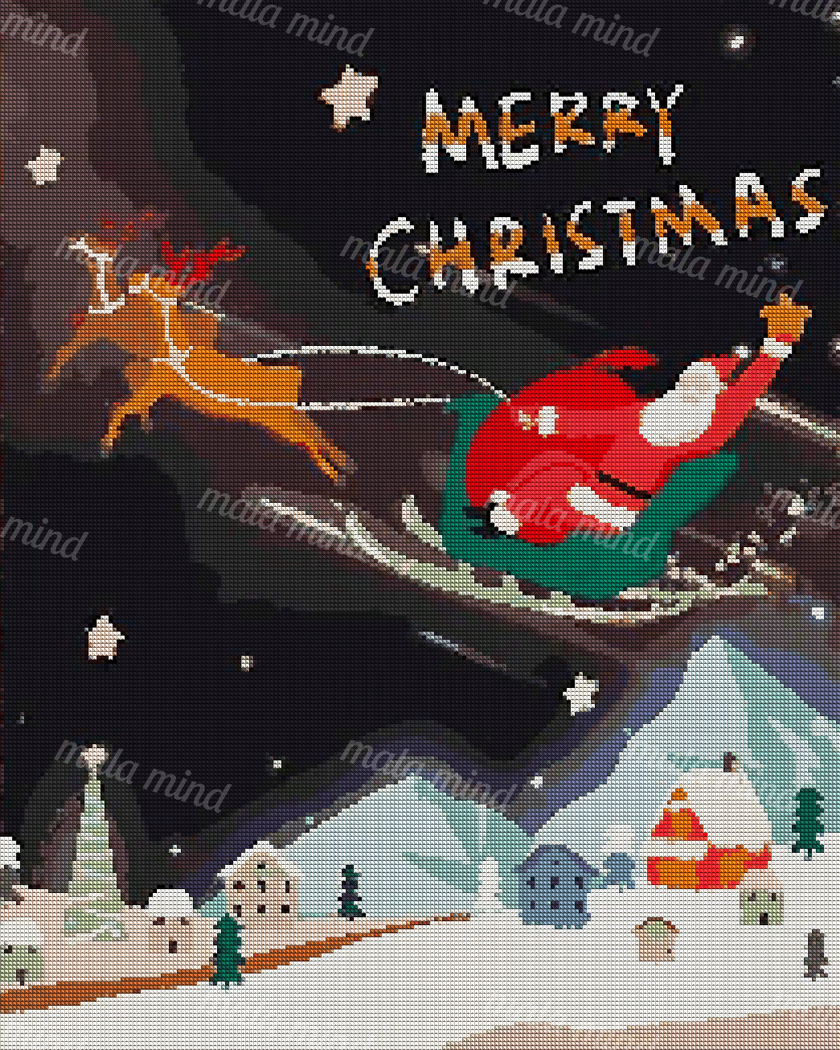 Santa in a red sleigh pulled by reindeer above a snowy Christmas village and mountains — 04_diamond_render
