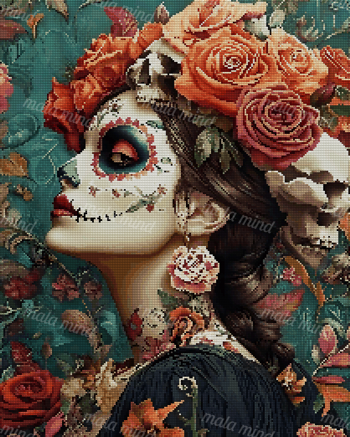 Sugar-skull woman with braided hair surrounded by colorful roses, foliage, and human skulls — 04_diamond_render