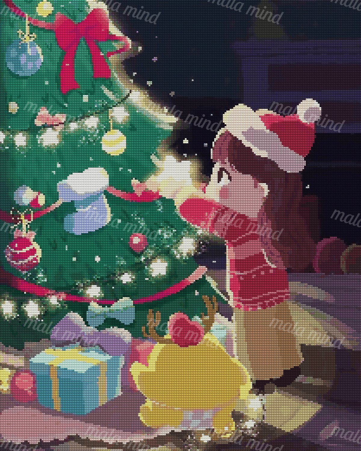Child in a Santa hat beside a decorated Christmas tree with gifts and a reindeer figure — 04_diamond_render