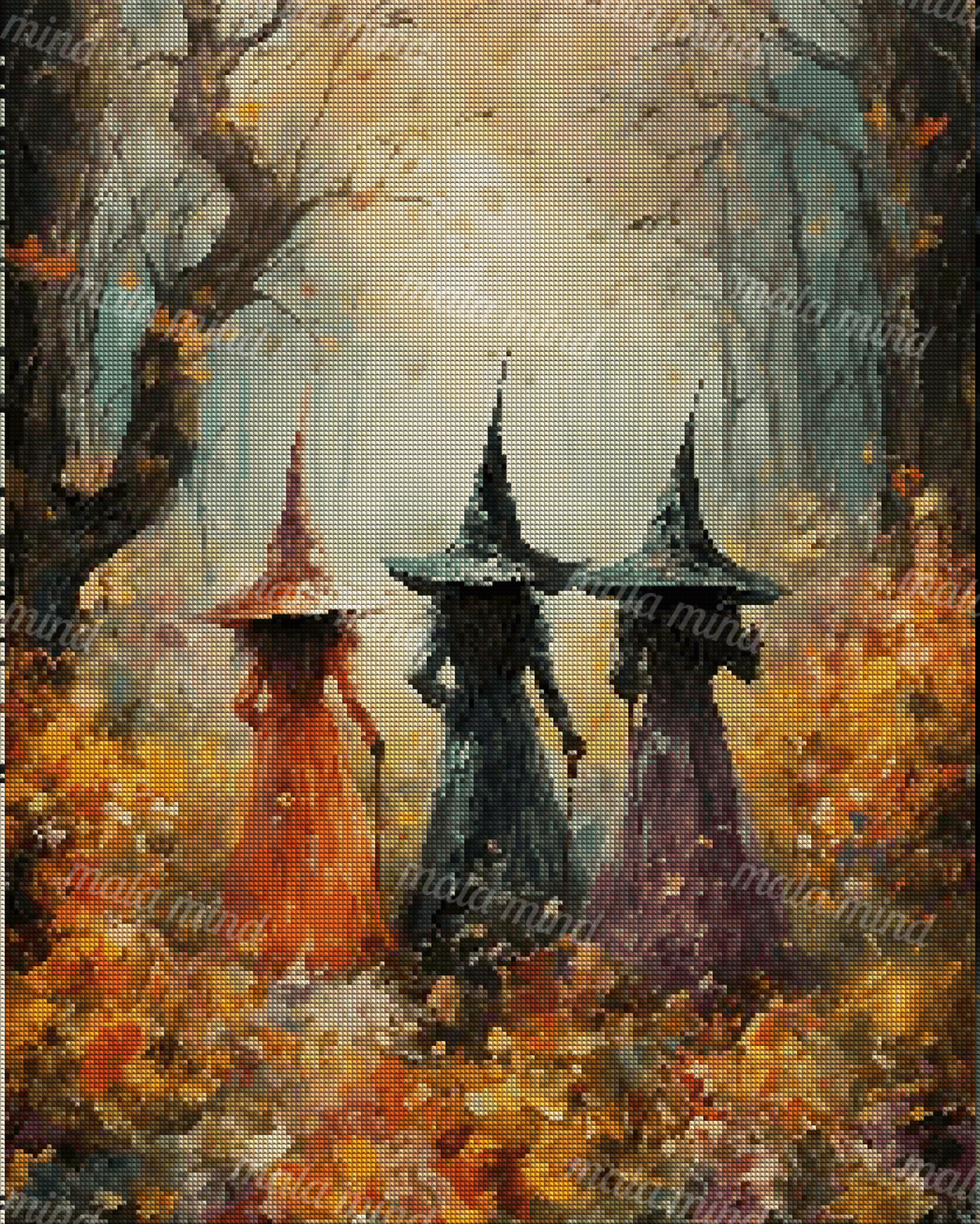 Three pointed-hat figures in colorful robes walk through an autumn forest toward a bright clearing. — 04_diamond_render