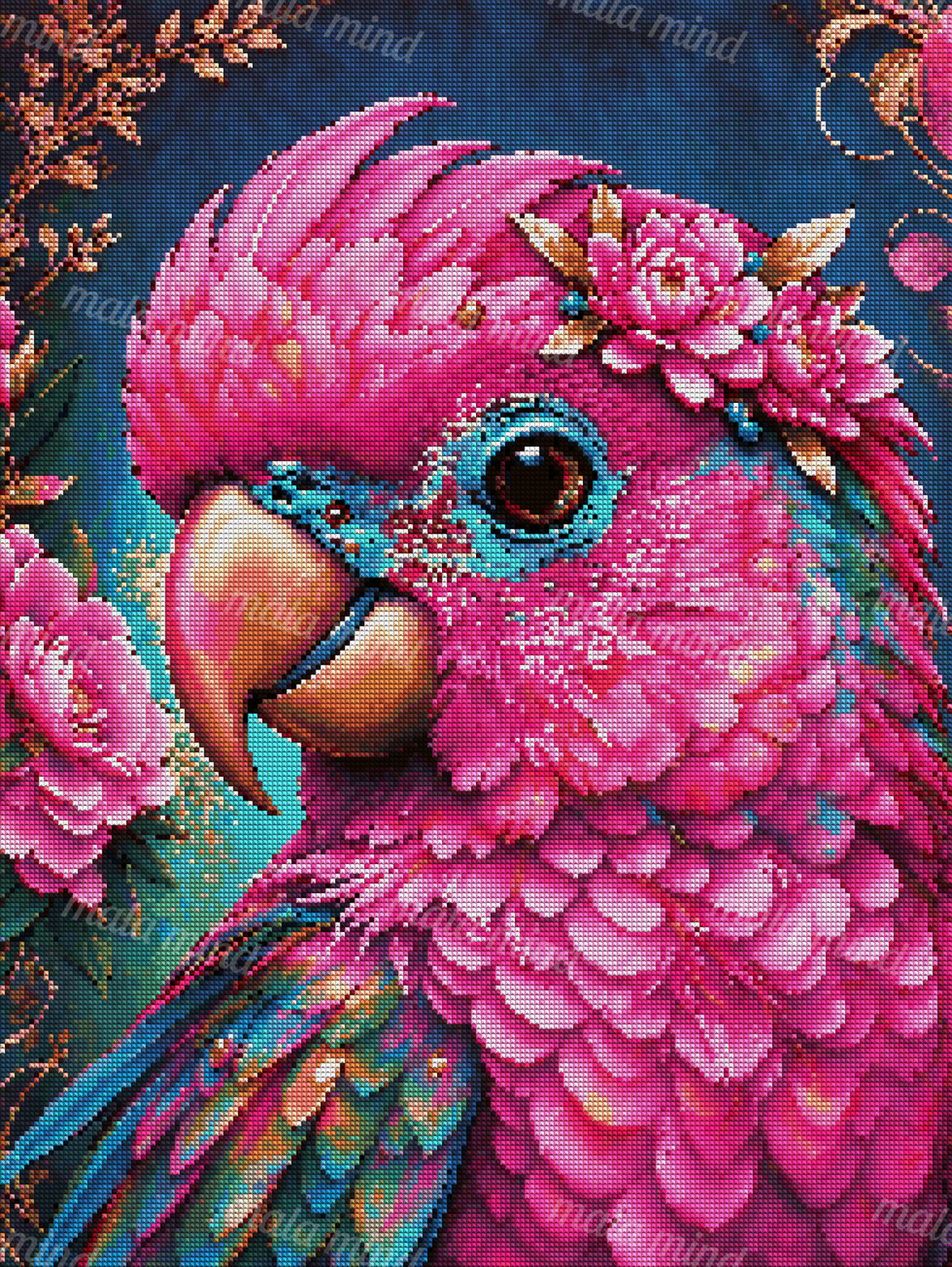 Bright pink parrot with a large beak, blue feathers, pink flowers, and golden foliage — 04_diamond_render