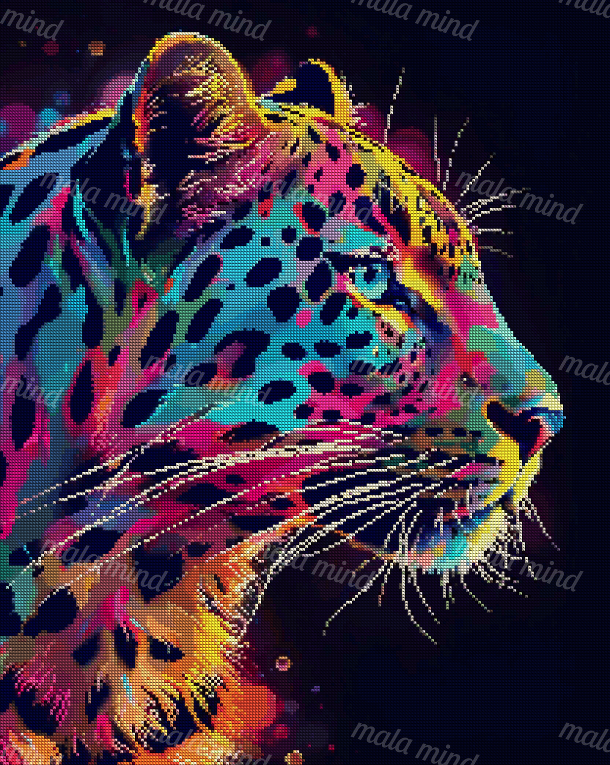 Neon leopard portrait in profile with a blue eye, dark spots, colorful fur, and long white whiskers — 04_diamond_render