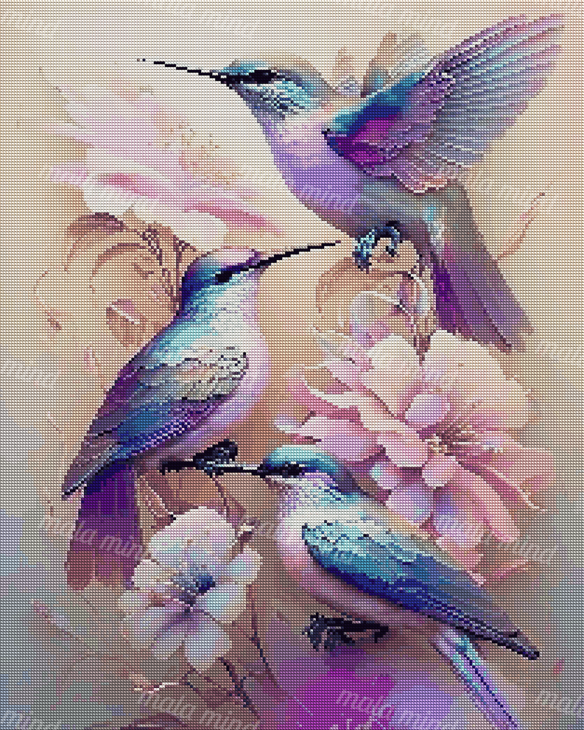 Three iridescent hummingbirds surrounded by pink flowers and branching foliage — 04_diamond_render