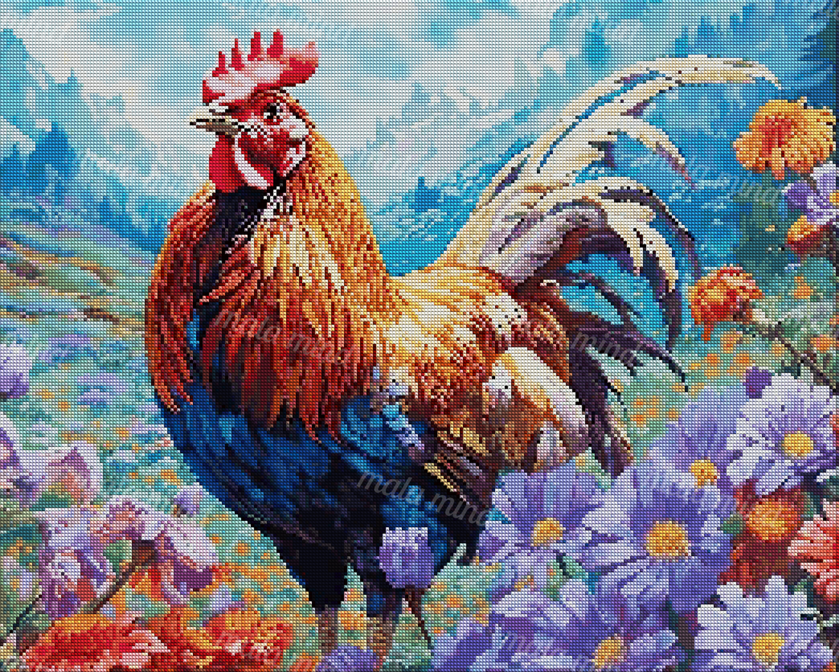 Colorful rooster surrounded by wildflowers in an alpine meadow with blue mountains behind — 04_diamond_render