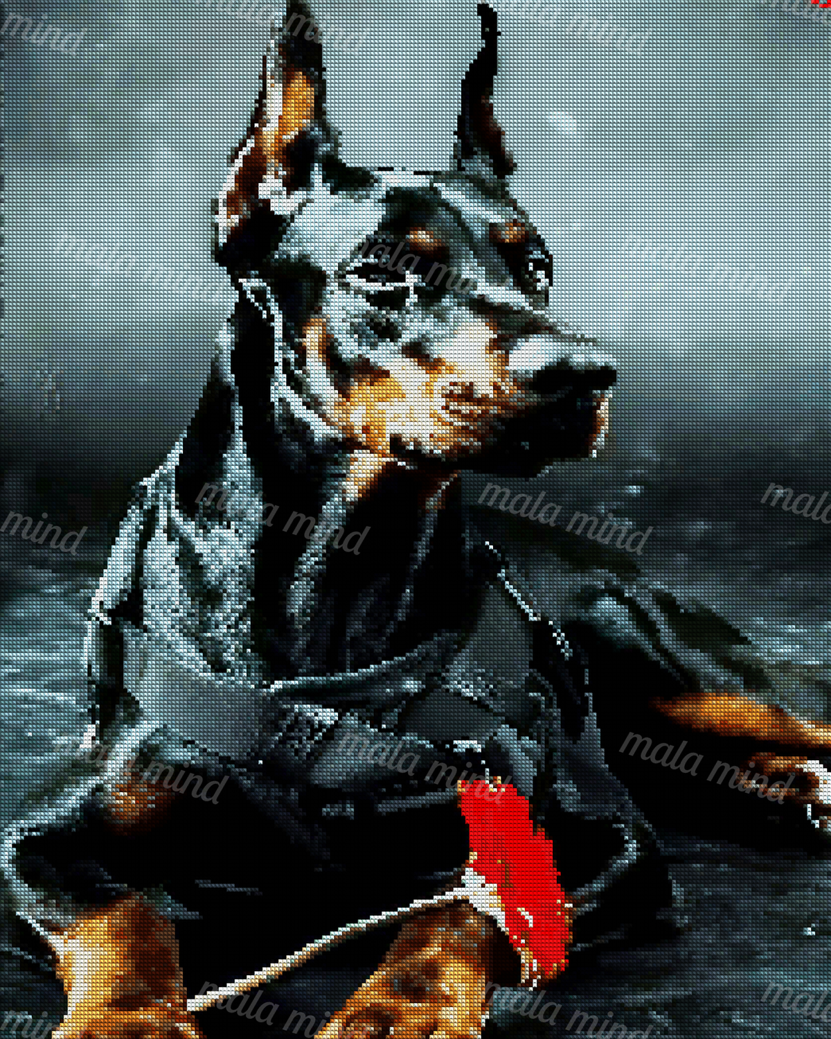 Black-and-tan Doberman in a dark harness with a red flower across its front paws — 04_diamond_render