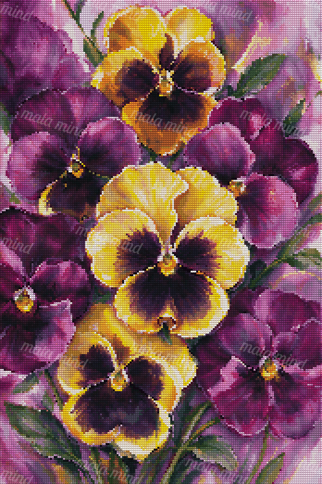 Painterly close-up of purple and golden pansies with green foliage on a pink-lavender background — 04_diamond_render