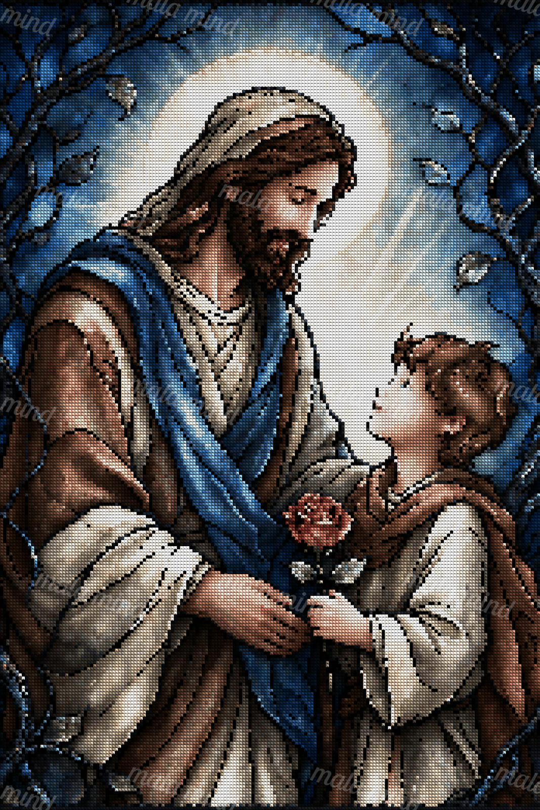 Stained-glass style image of a robed bearded man and child holding a red rose beneath a radiant halo. — 04_diamond_render