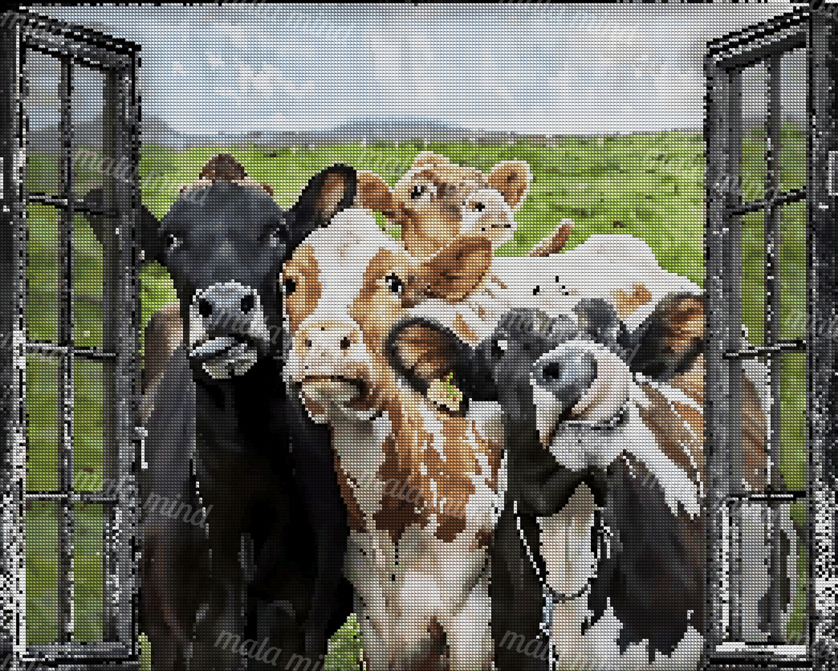 Several curious cows crowd through open windows with a green pasture and cloudy sky behind them. — 04_diamond_render