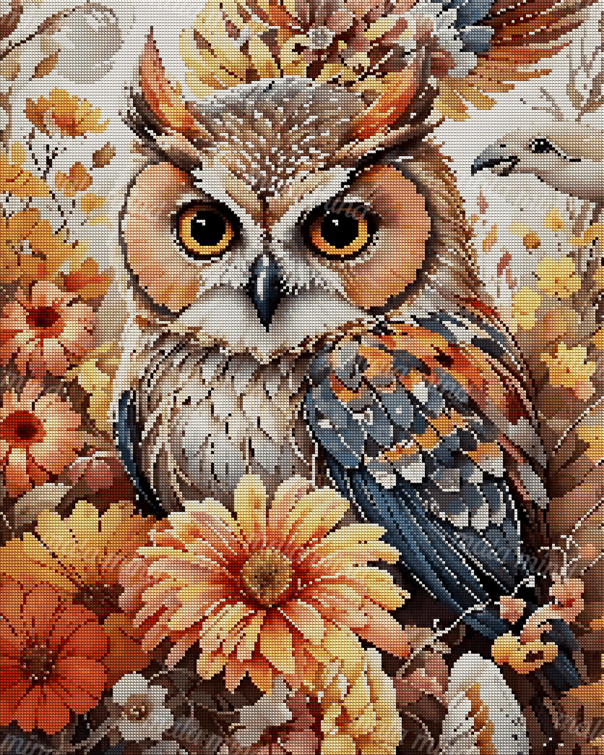 Close-up owl with bright orange eyes surrounded by colorful flowers and a small bird — 04_diamond_render