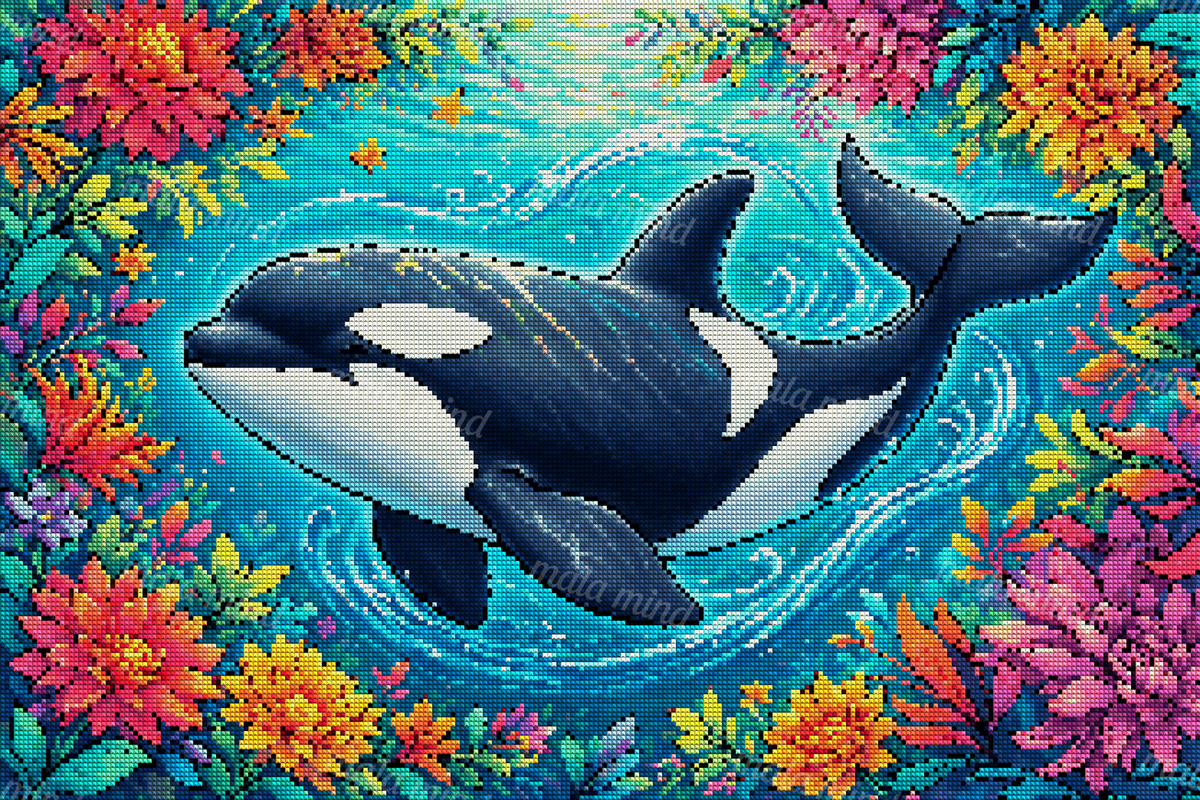 Black-and-white orca swimming through turquoise water, surrounded by colorful flowers and green leaves — 04_diamond_render