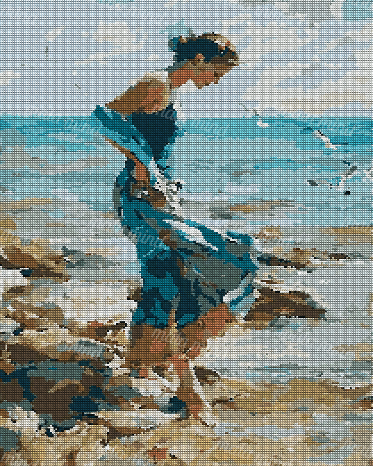 Stylized person wading through shallow coastal water with seabirds beneath a cloudy sky — 04_diamond_render