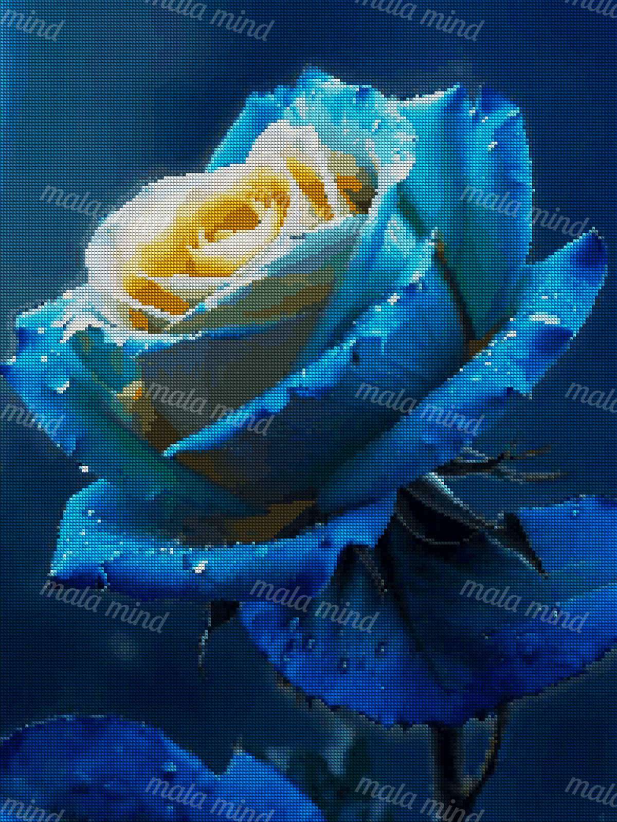 Close-up blue rose with a pale yellow center and water droplets against a dark blue background — 04_diamond_render