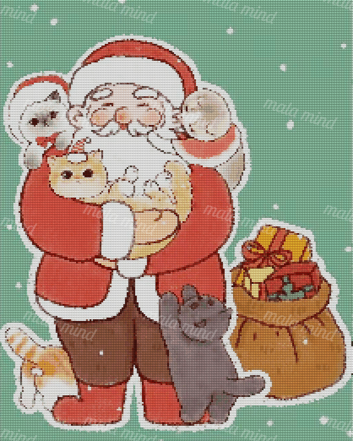 Cartoon Santa holding an orange cat with other cats and a gift sack against a snowy green background — 04_diamond_render