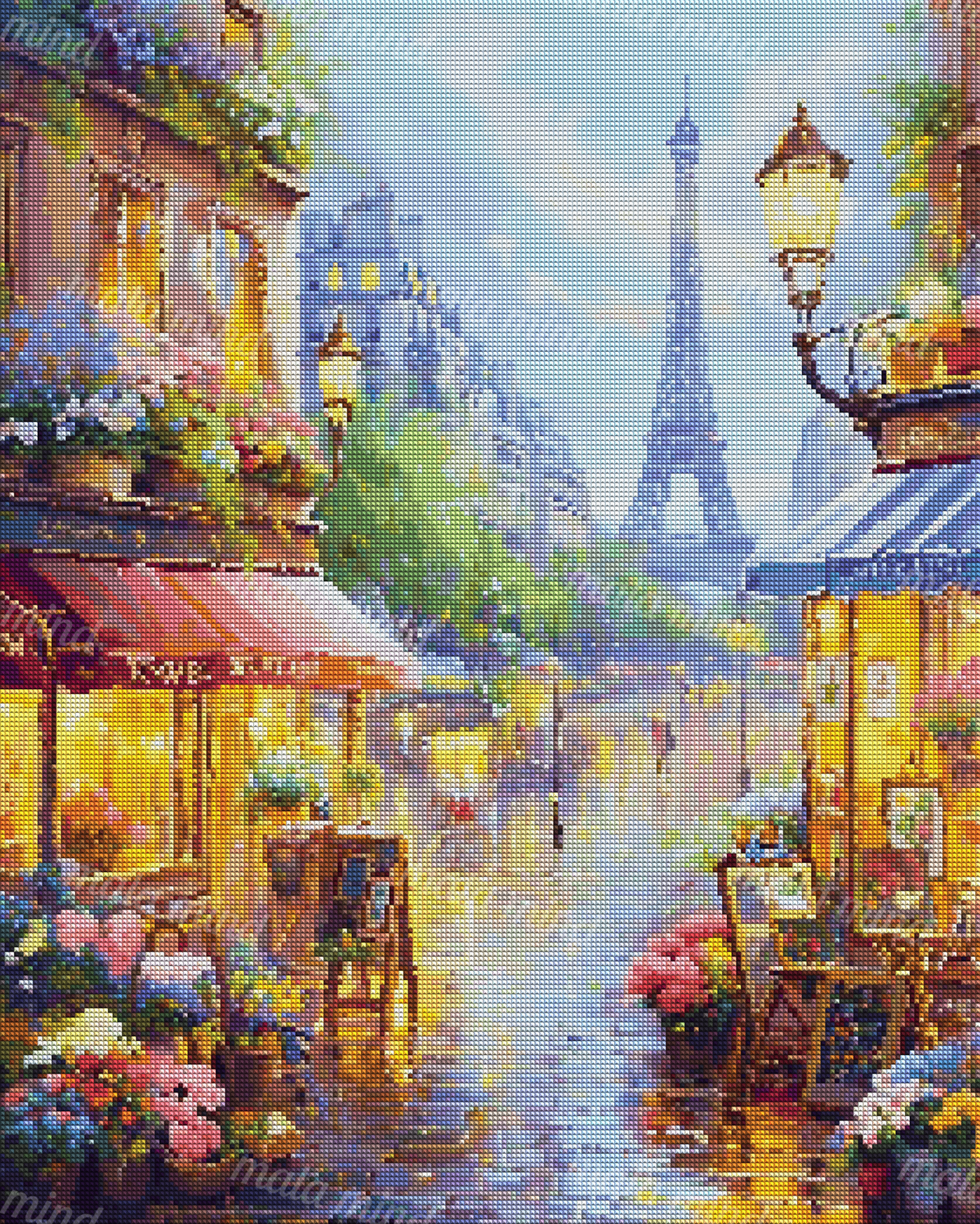 Painterly rainy Paris street with flower shops, glowing lamps, reflective pavement, and the Eiffel Tower. — 04_diamond_render