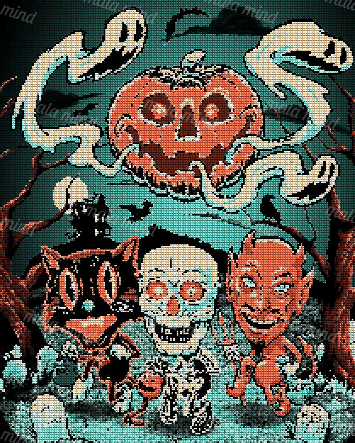Cartoon Halloween scene with a glowing pumpkin, ghosts, black cat, skeleton, devil, bats, and haunted house — 04_diamond_render