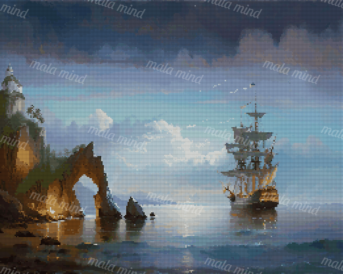 Painterly coastal scene with a tall sailing ship, lighthouse, rocky arch, palm trees, and reflective water. — 04_diamond_render