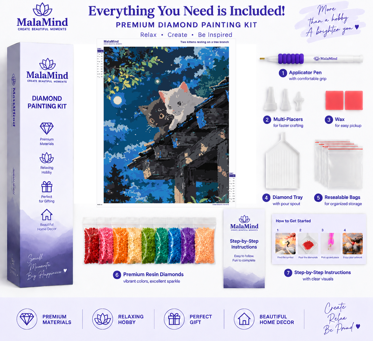 Kittens on a Moonlit Branch diamond painting kit contents