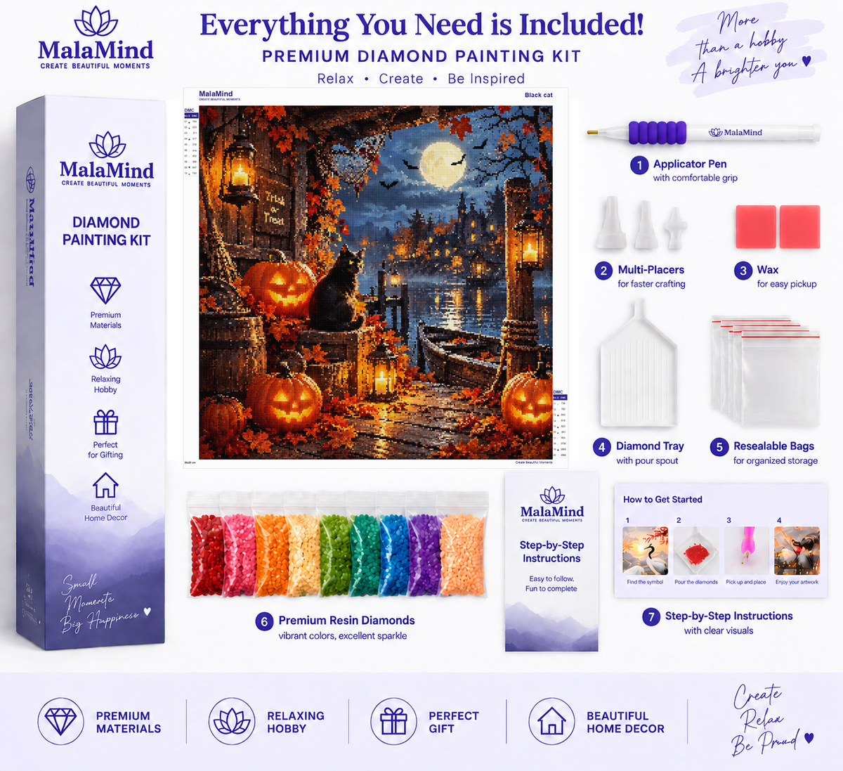 Black Cat at the Halloween Moonlit Harbor diamond painting kit contents