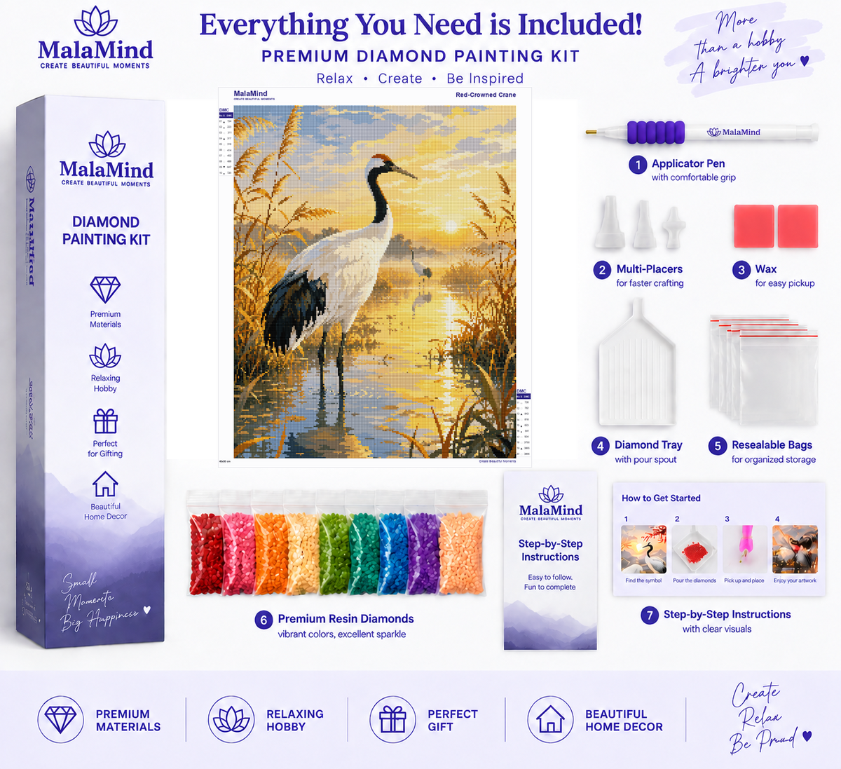 Red-Crowned Crane at Sunrise diamond painting kit contents