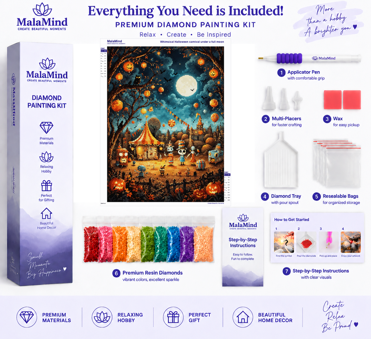 Halloween Moonlit Carnival diamond painting kit contents