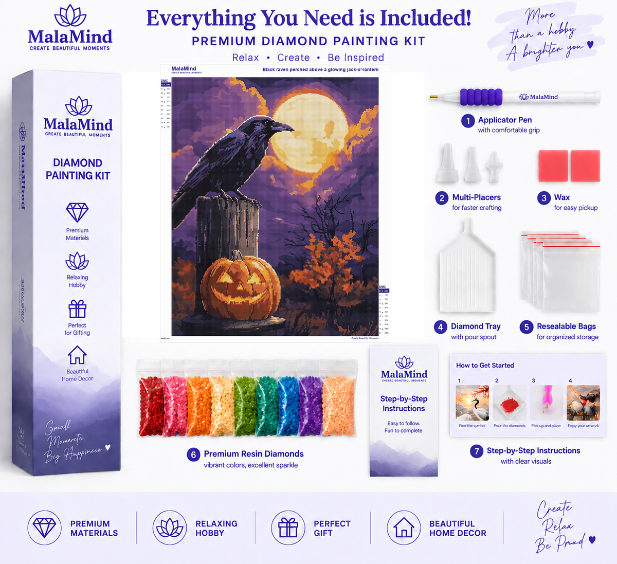 Raven Under the Halloween Moon diamond painting kit contents