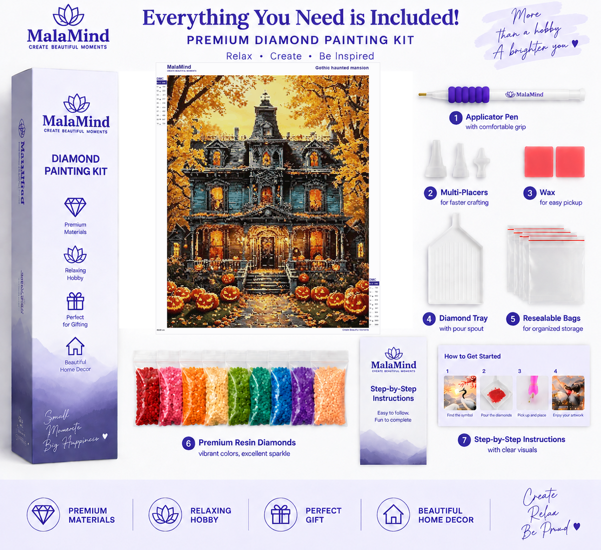 Autumn Haunted Mansion diamond painting kit contents