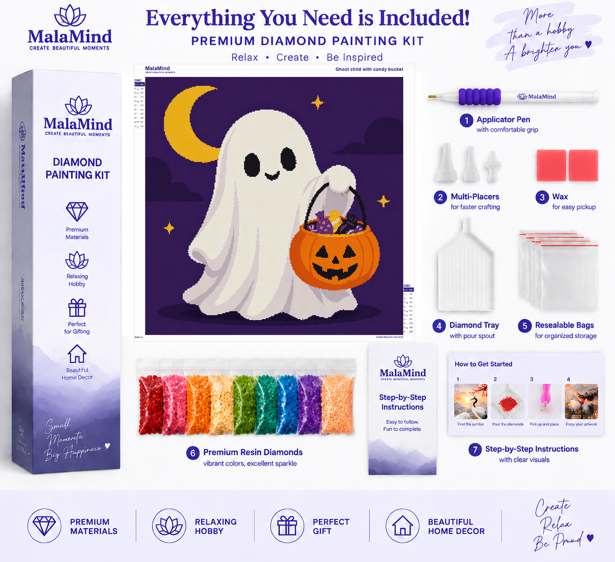 Ghost Child with Candy Bucket diamond painting kit contents