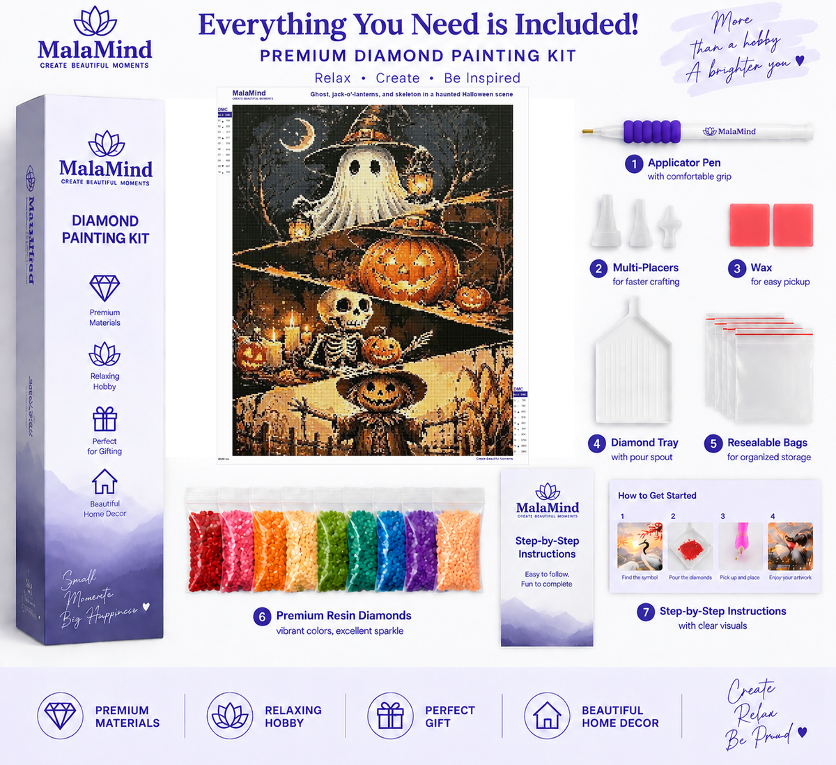 Haunted Halloween Pumpkin Gathering diamond painting kit contents