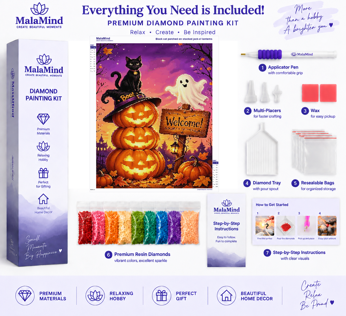Halloween Cat and Ghost Pumpkin Welcome diamond painting kit contents