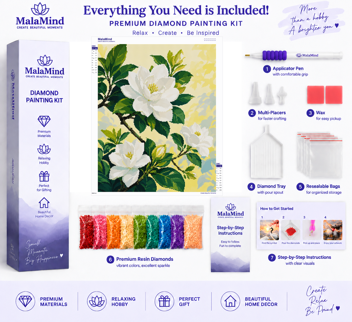 White Gardenia Branch diamond painting kit contents