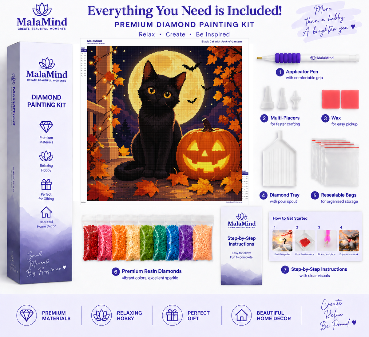 Black Cat & Jack-o'-Lantern Porch diamond painting kit contents