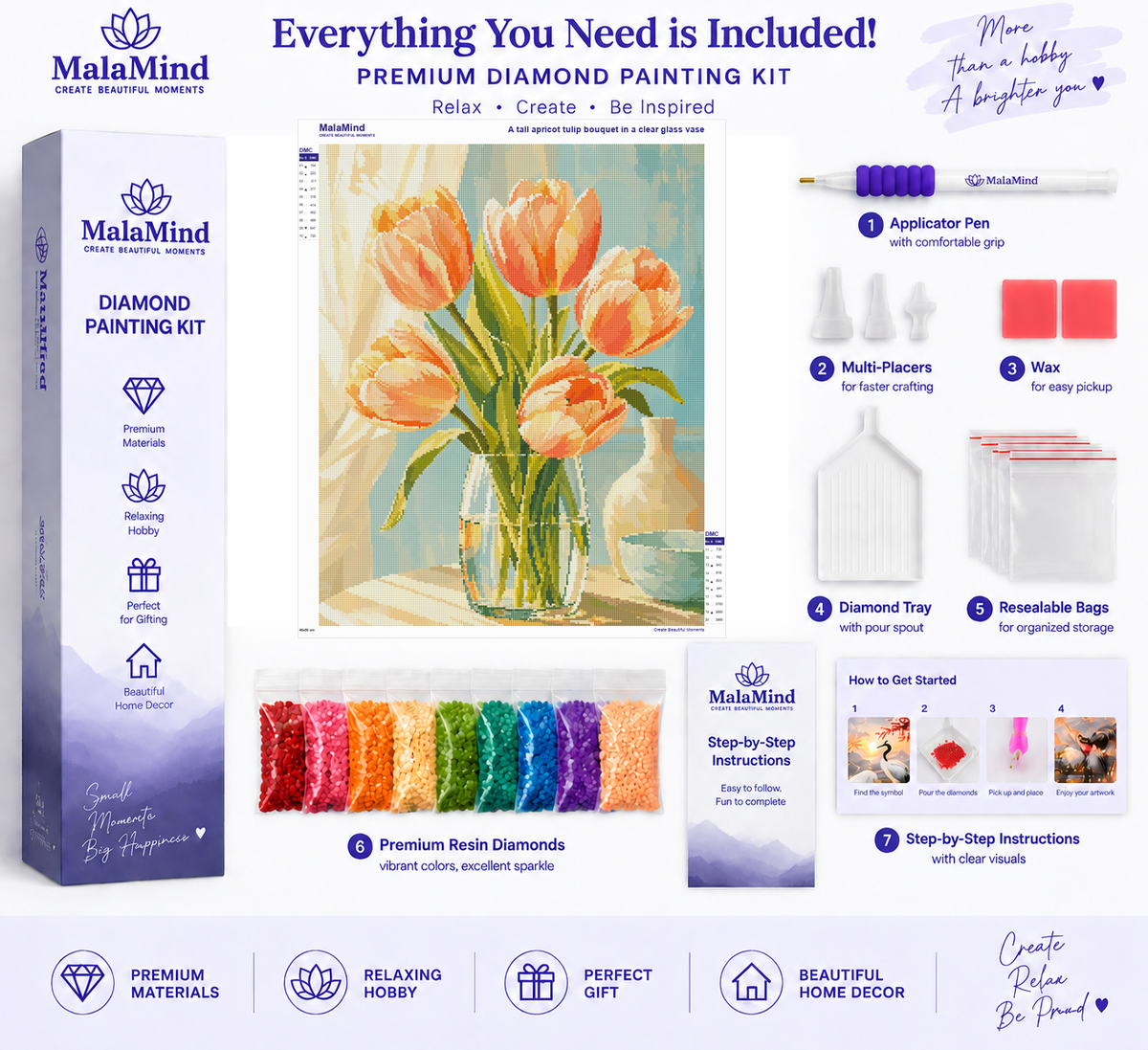 Apricot Tulip Morning diamond painting kit contents