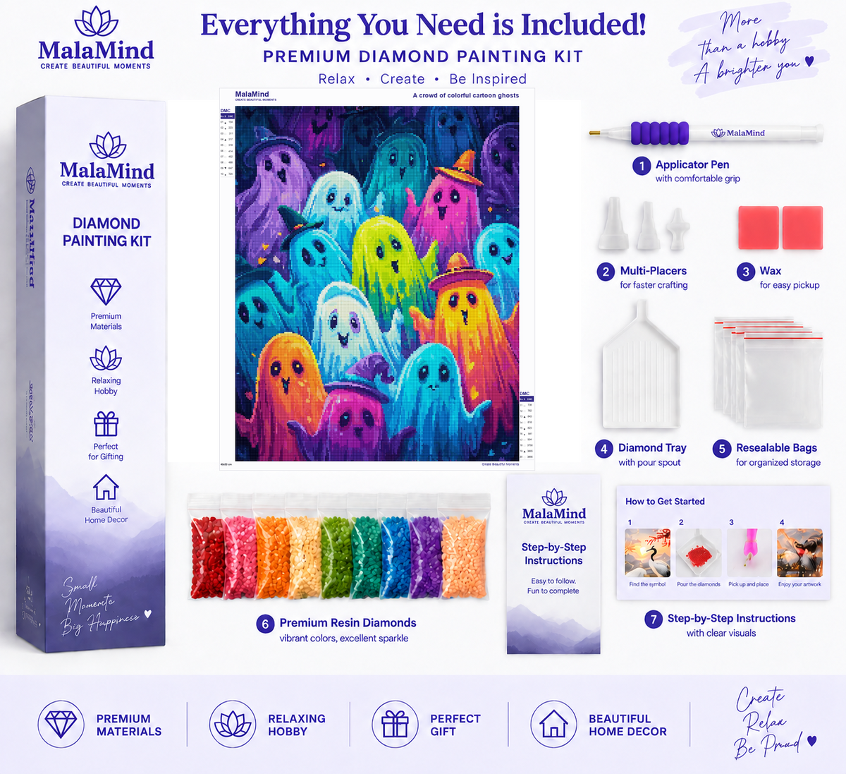 Colorful Halloween Ghost Gathering diamond painting kit contents