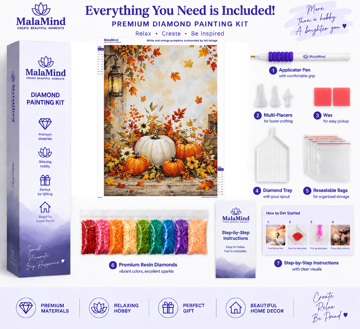 Autumn Pumpkin Lantern Still Life diamond painting kit contents