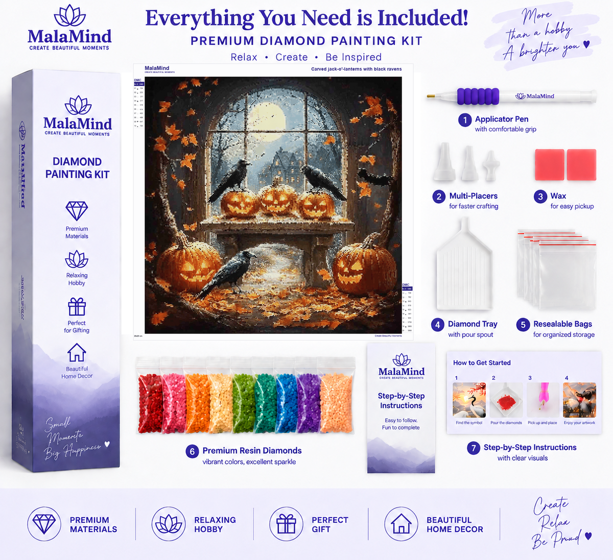 Moonlit Halloween Pumpkin Window diamond painting kit contents