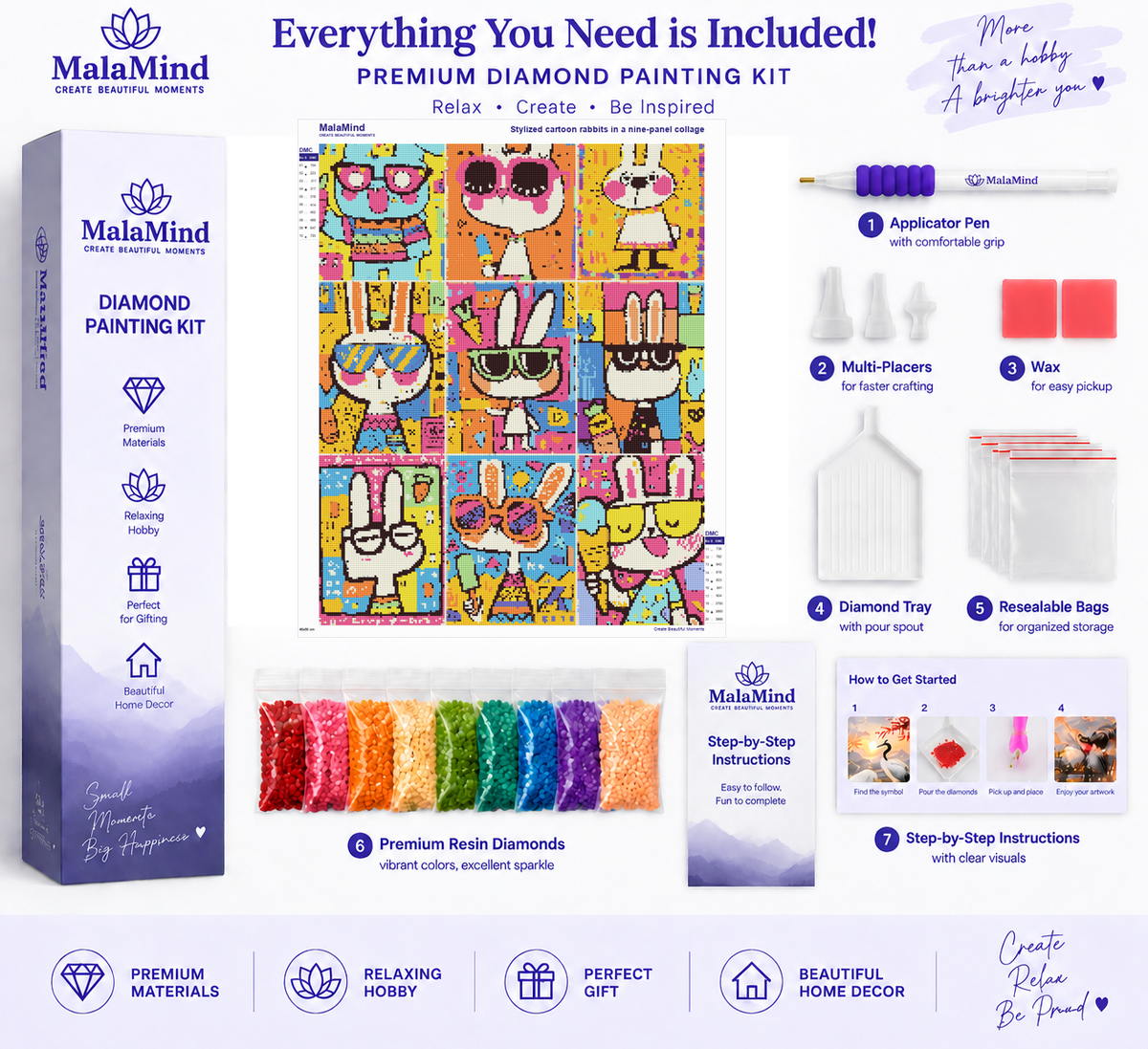Colorful Cartoon Rabbit Collage diamond painting kit contents