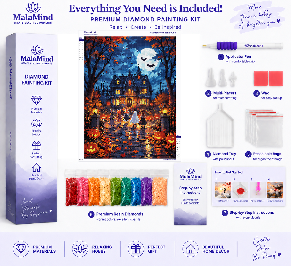 Moonlit Haunted House Trick-or-Treat diamond painting kit contents