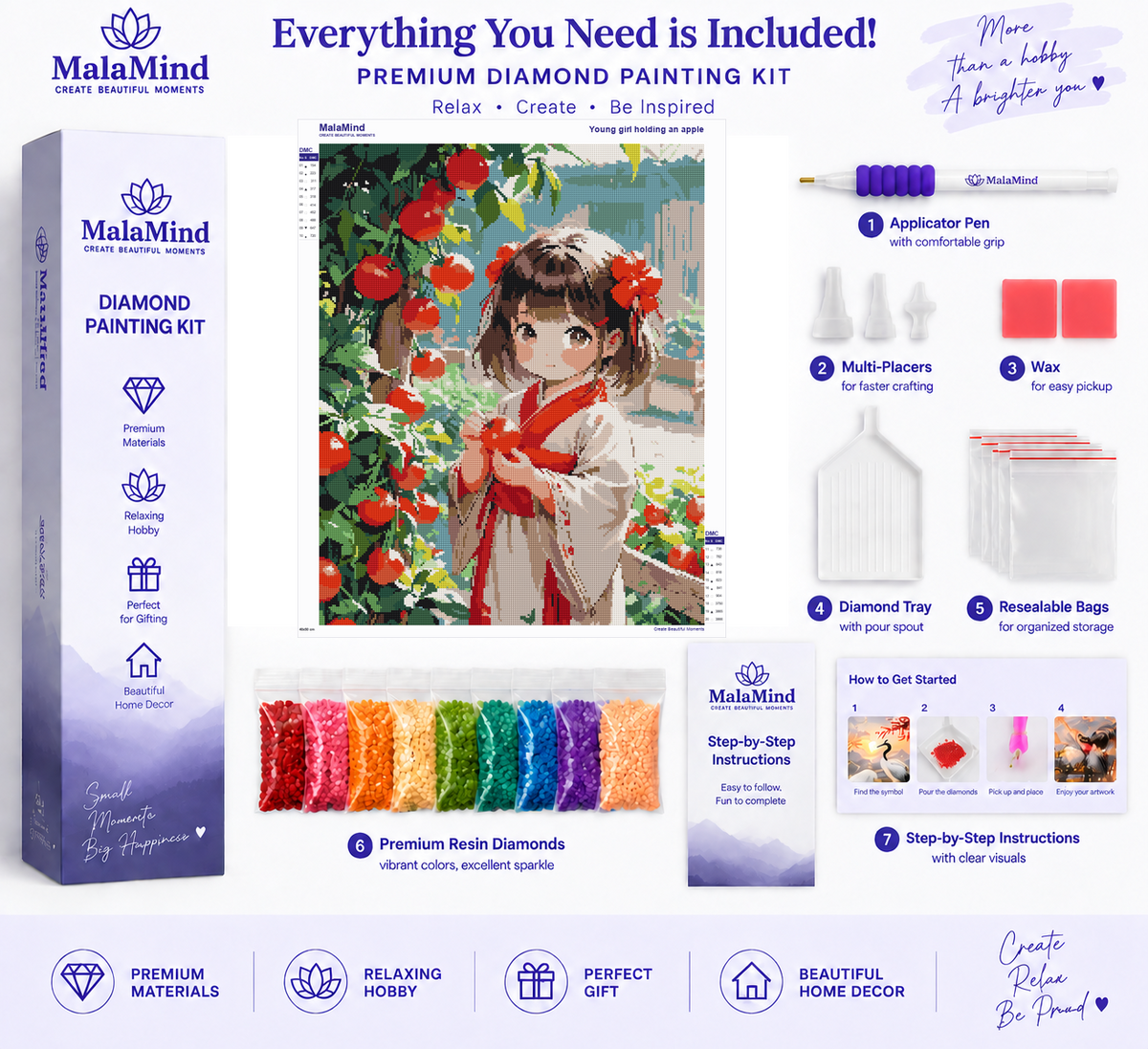 Girl in the Apple Orchard diamond painting kit contents
