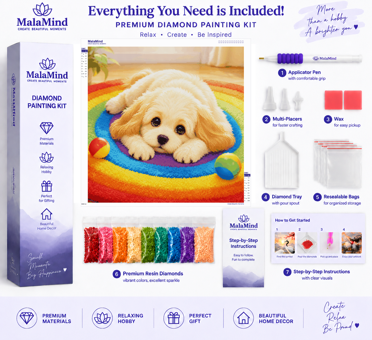 Cream Puppy on a Rainbow Mat diamond painting kit contents