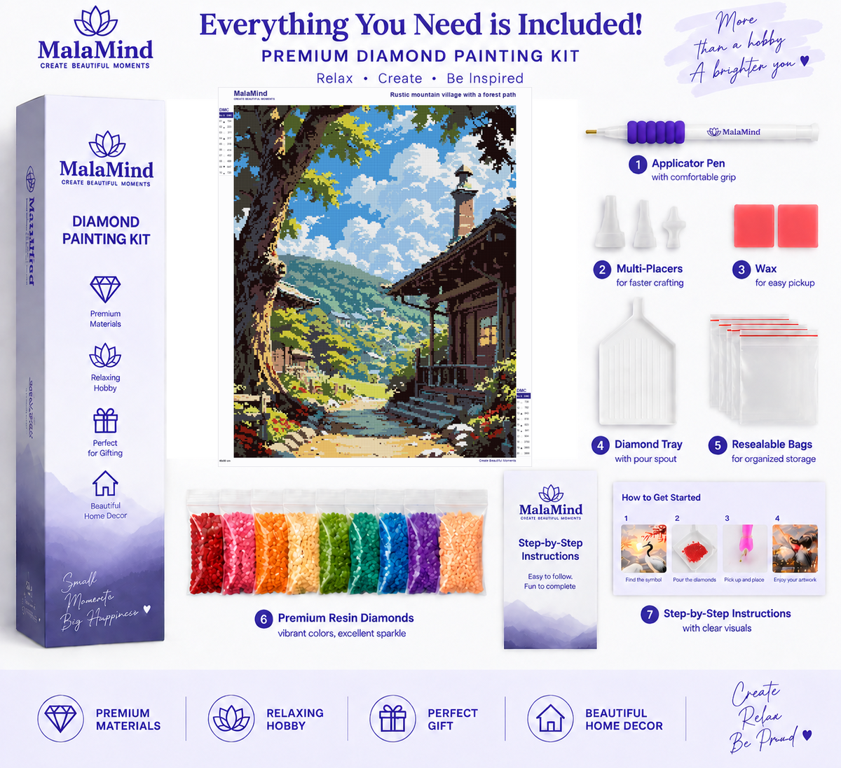 Mountain Village Path diamond painting kit contents